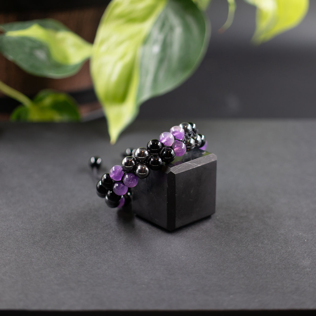 Amethyst, Obsidian, & Hematite Double-Bead Bracelet w/ Special Clasp