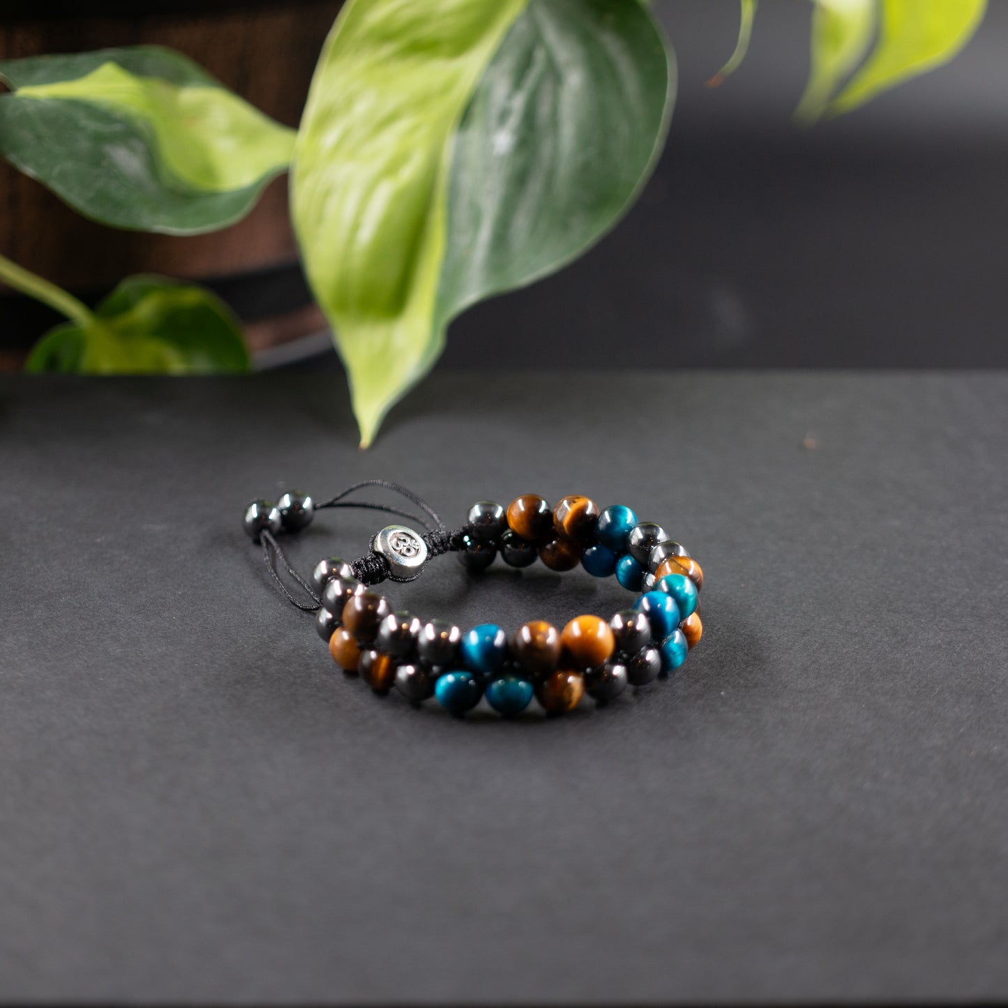 Gold/Teal Tiger's Eye, Obsidian & Hematite Double Bead Bracelet +