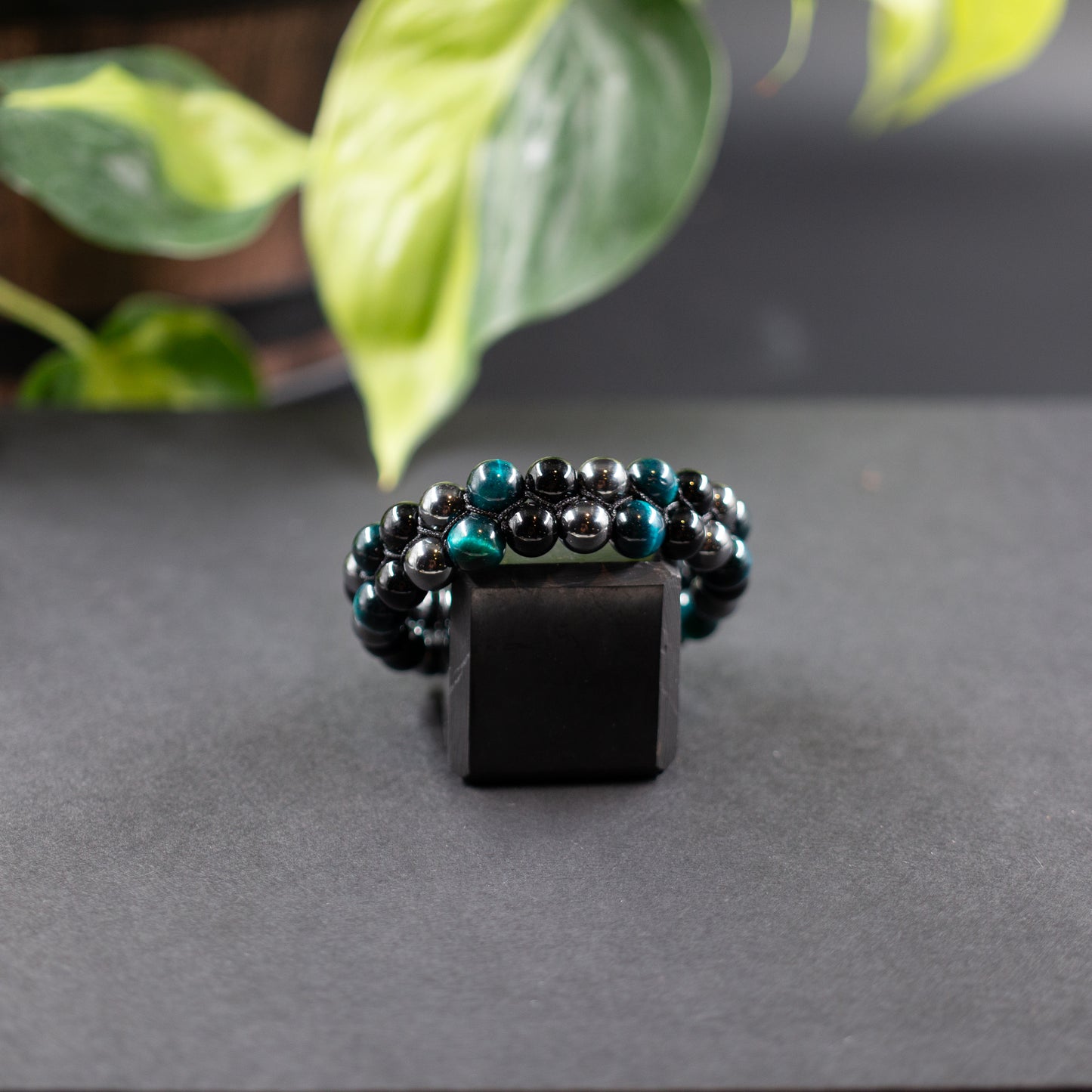 Blue Tiger's Eye, Obsidian, & Hematite Double-Beaded Bracelet
