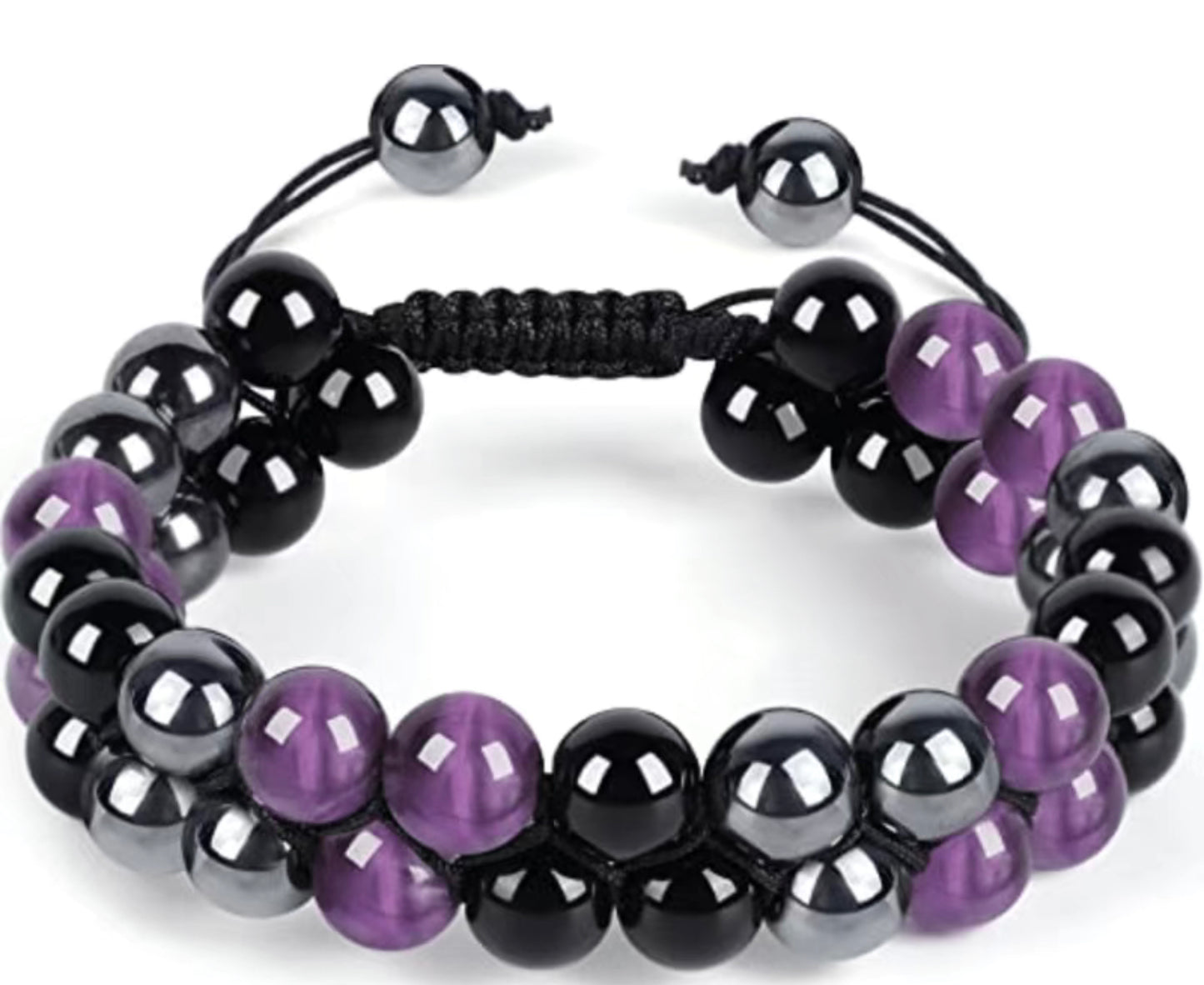 Amethyst, Obsidian & Hematite Double Bead Bracelet