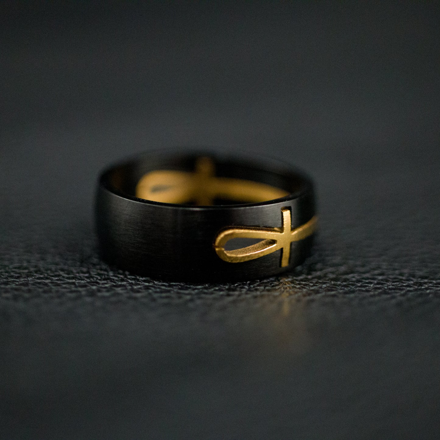 Black Stainless Steel Gold Ankh Ring