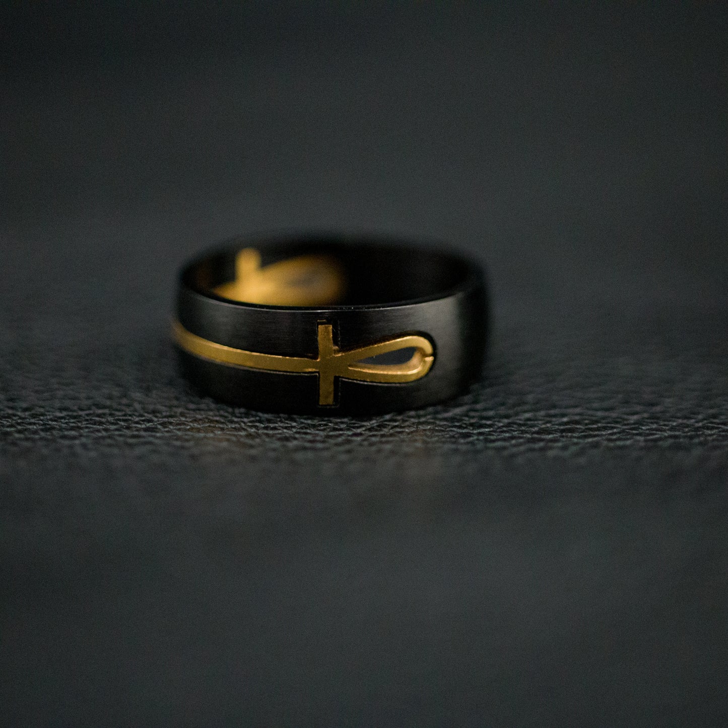 Black Stainless Steel Gold Ankh Ring