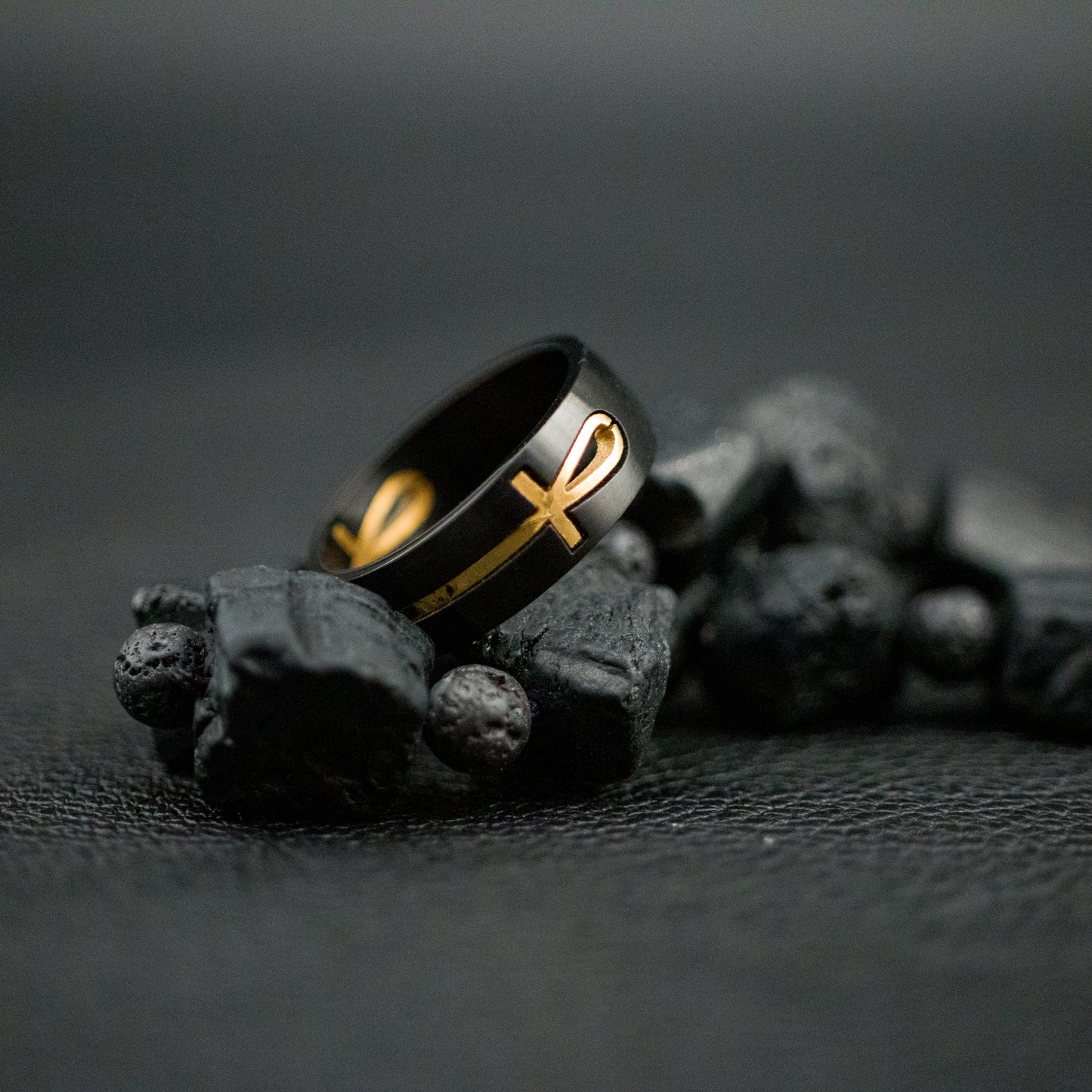 Black Stainless Steel Gold Ankh Ring