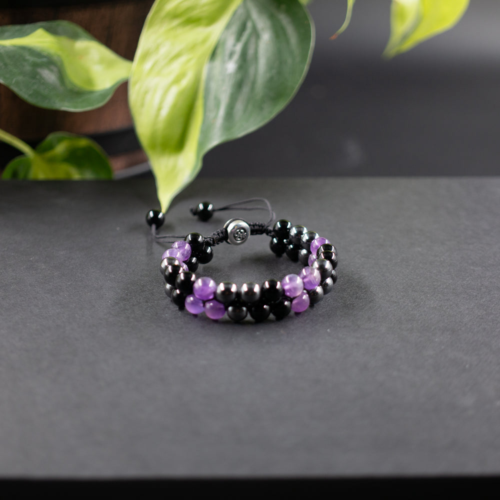 Amethyst, Obsidian, & Hematite Double-Bead Bracelet w/ Special Clasp