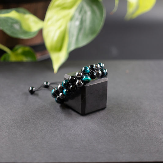 Blue Tiger's Eye, Obsidian, & Hematite Double-Beaded Bracelet