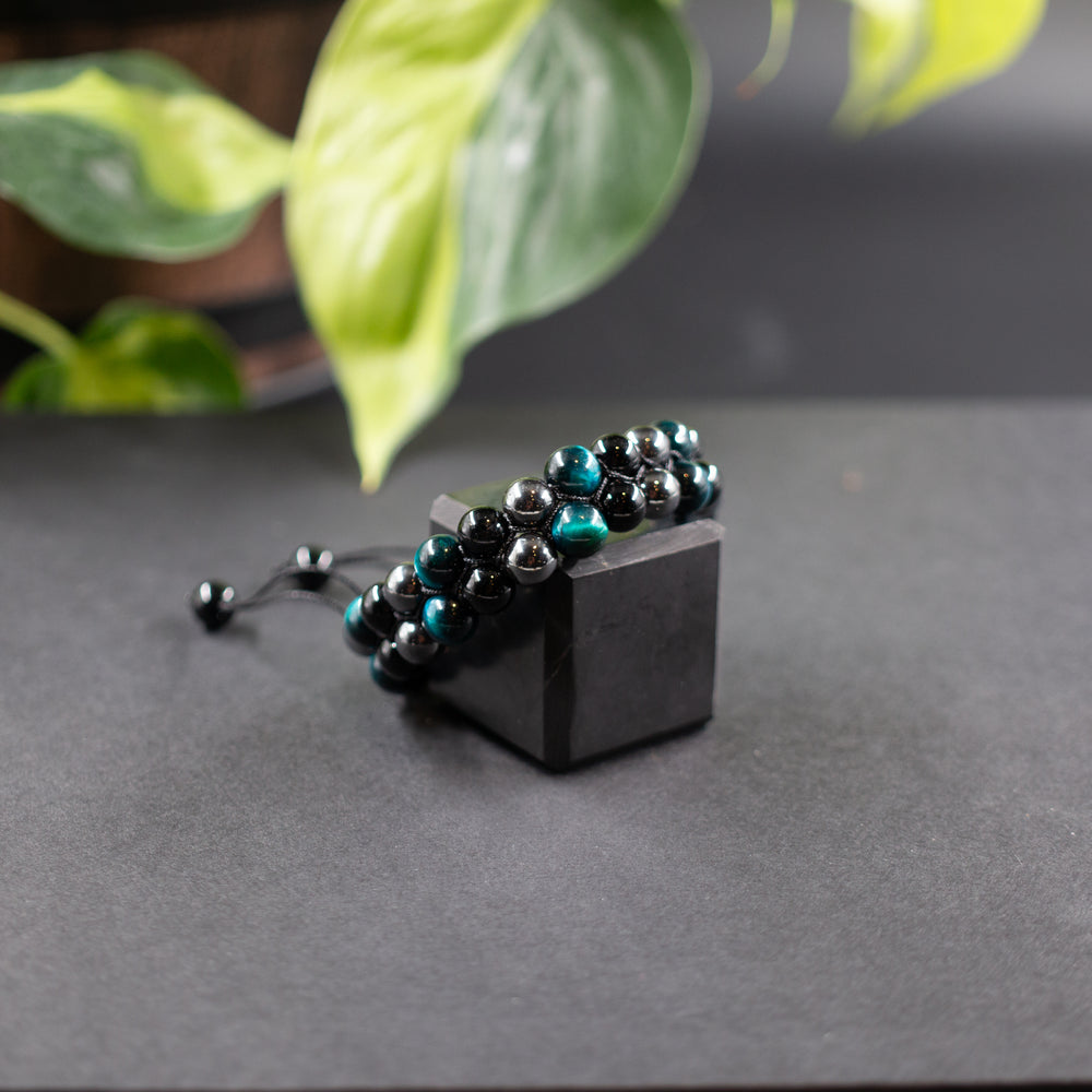 Blue Tiger's Eye, Obsidian, & Hematite Double-Beaded Bracelet