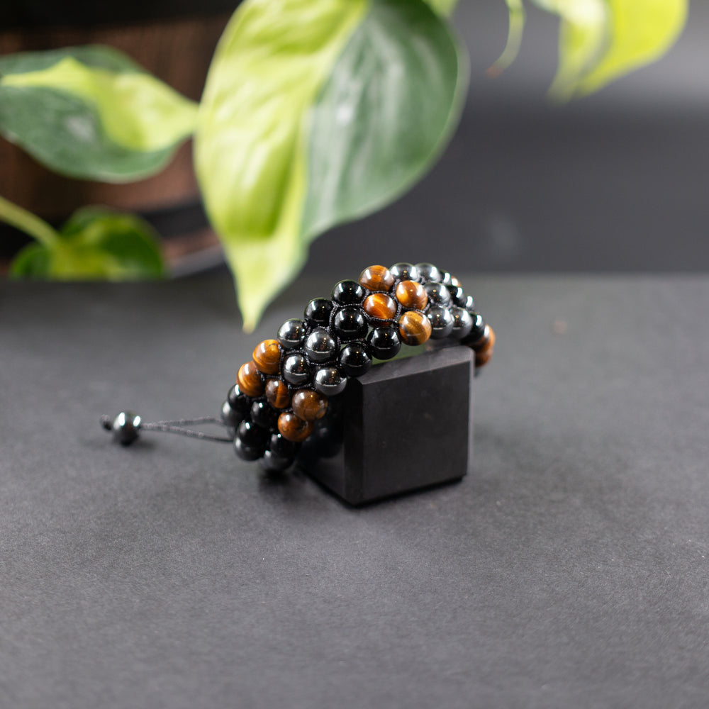 Gold Tiger's Eye, Obsidian, & Hematite Triple-strand Beaded Bracelet