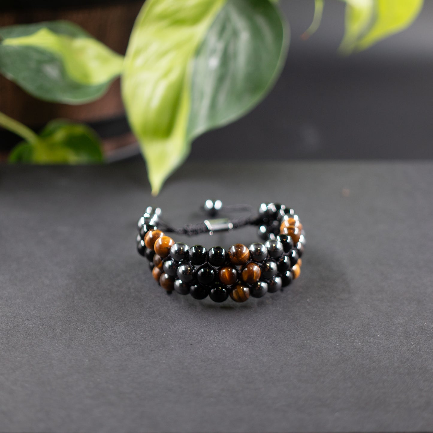 Gold Tiger's Eye, Obsidian, & Hematite Triple-strand Beaded Bracelet