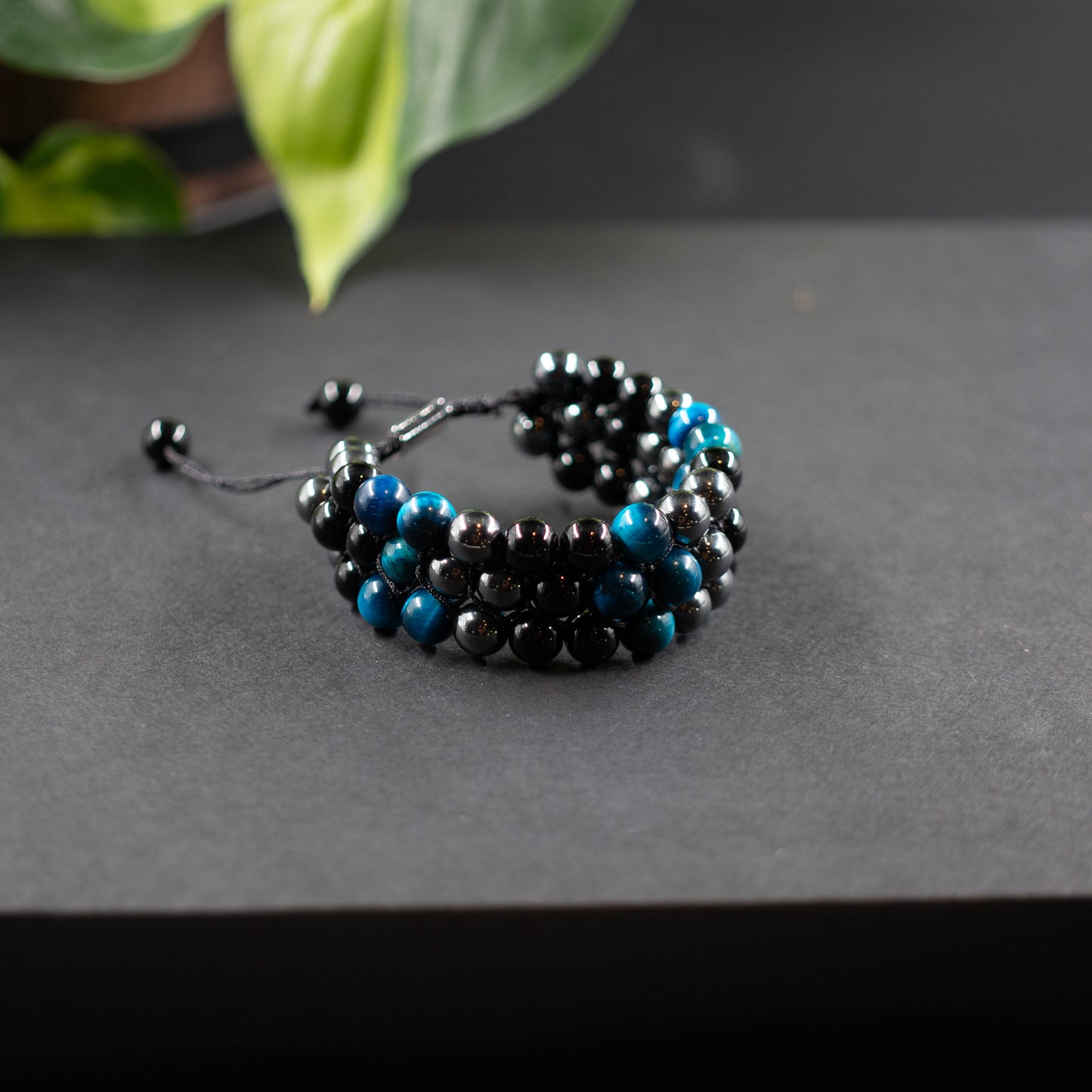 Blue Tiger's Eye, Obsidian & Hematite Triple-strand Beaded Bracelet