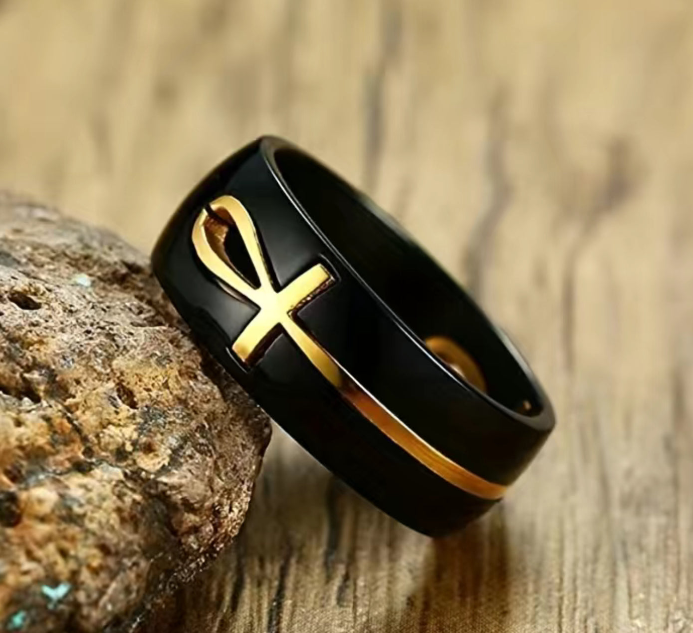 Black Stainless Steel Gold Ankh Ring