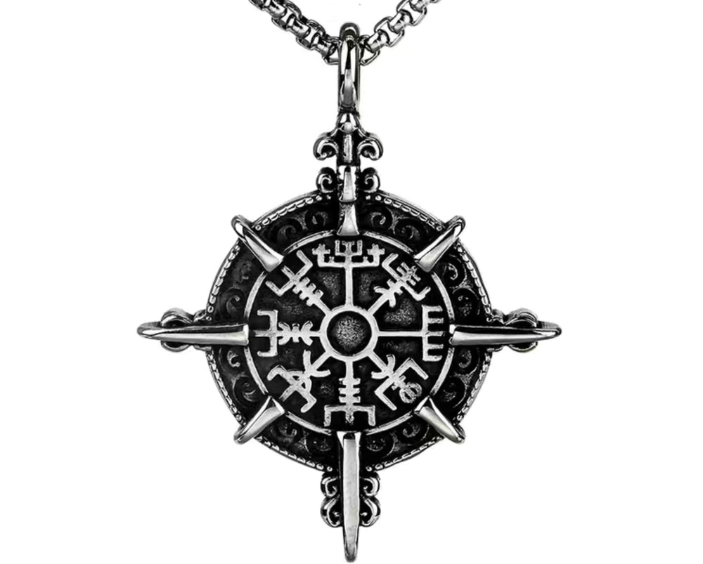 Silver Stainless Small Nordic Compass Pendant Necklace