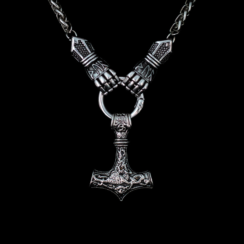 Silver Stainless Large Thor's Hammer & Gauntlets Byzantine Neckl