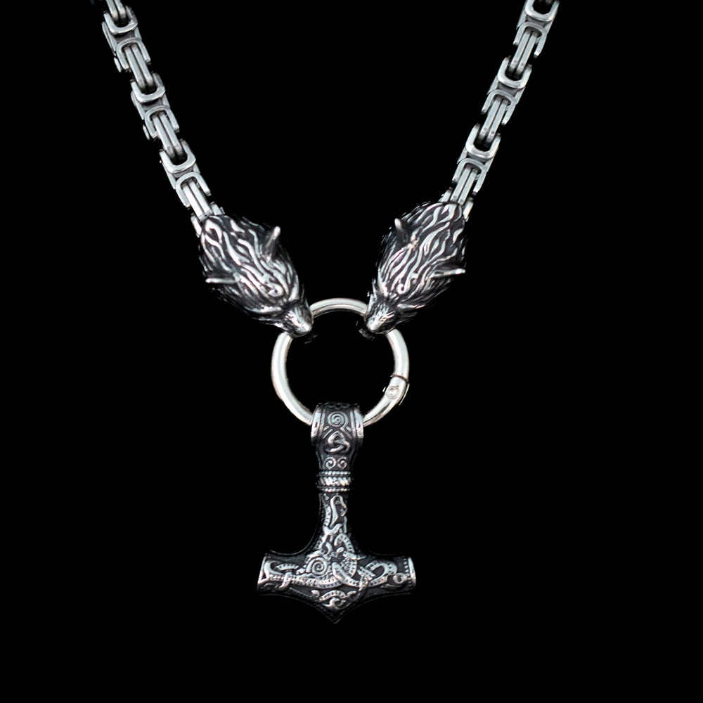 Silver Stainless Large Thor's Hammer & Wolve Byzantine Necklace