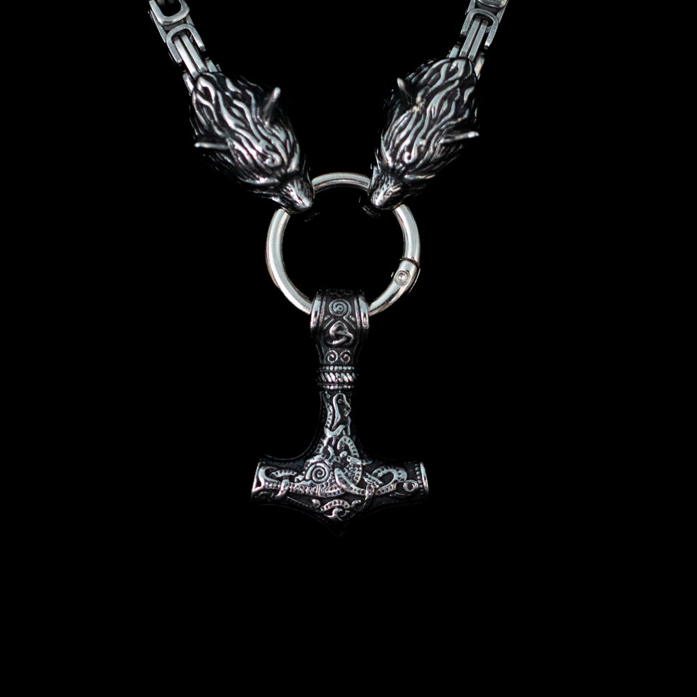 
                  
                    Silver Stainless Large Thor's Hammer & Wolve Byzantine Necklace
                  
                